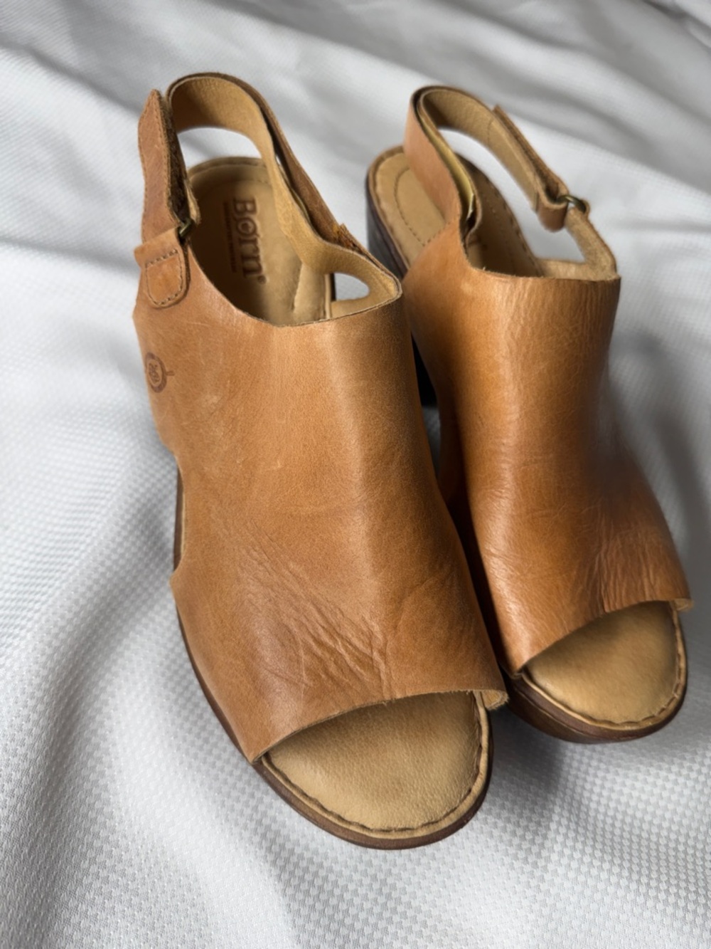 Born Women’s Tan Leather Open-Toe Slingback Wedge Sandals - Size 9